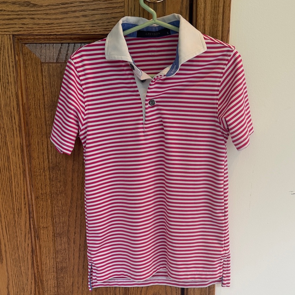 Greyson boys youth Pink and White Striped  golf polo